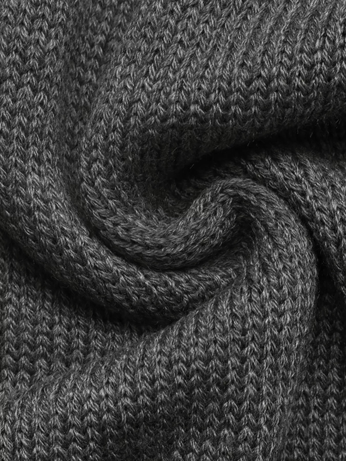 Gray sweater with blue contrast trim, knit close-up