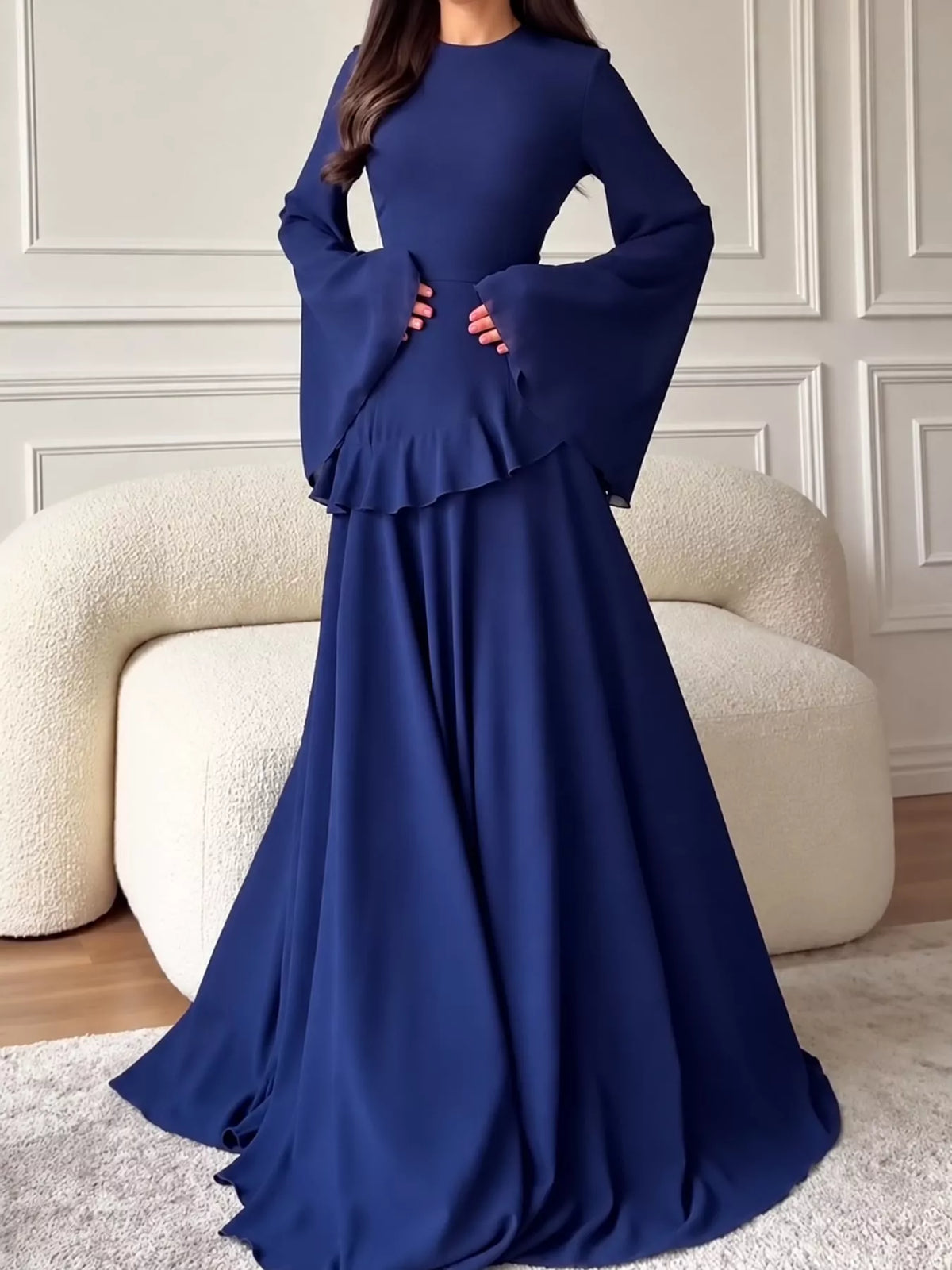 Royal blue ruffled flare sleeve maxi dress, front view