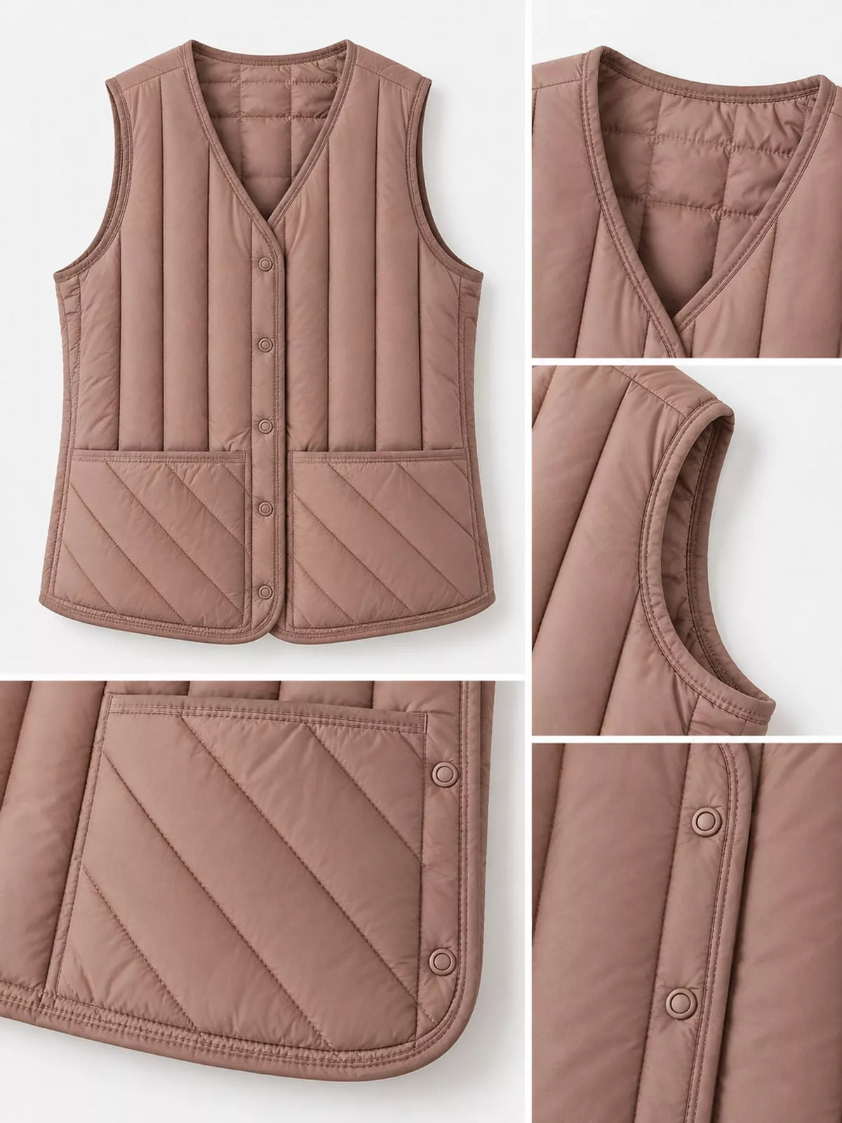 Quilted Button Up Vest in dusty pink, construction detail