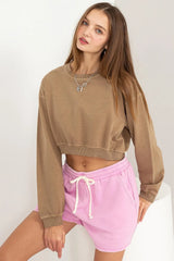 Trendsi Women’s Cropped Round Neck Long Sleeve Cotton Sweatshirt - Shirts
