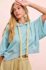 Trendsi BiBi Washed Terry Short Sleeve Drawstring Hoodie Top -