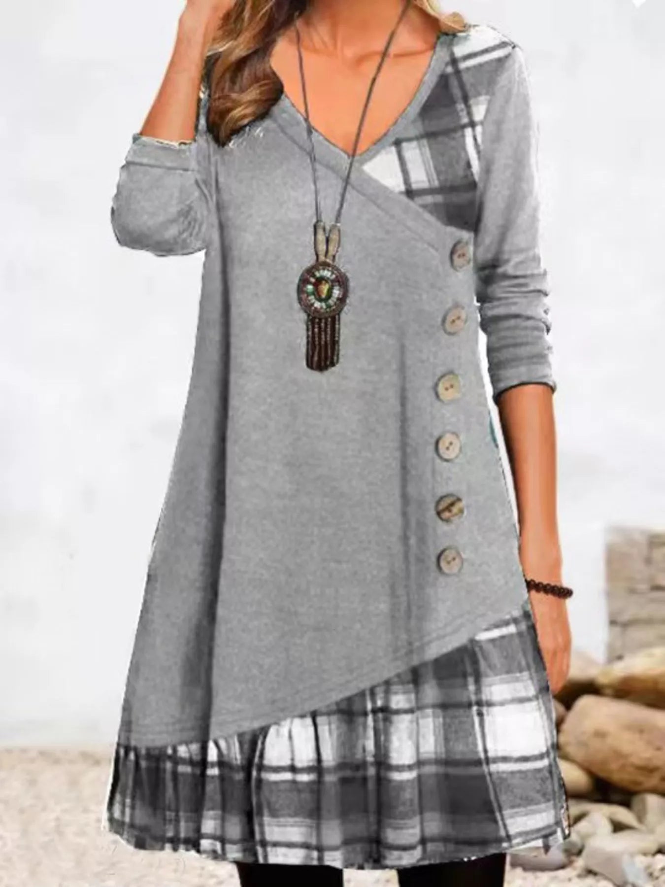 Trendsi Full Size Asymmetrical Plaid Patchwork Long Sleeve Dress Plus Size -