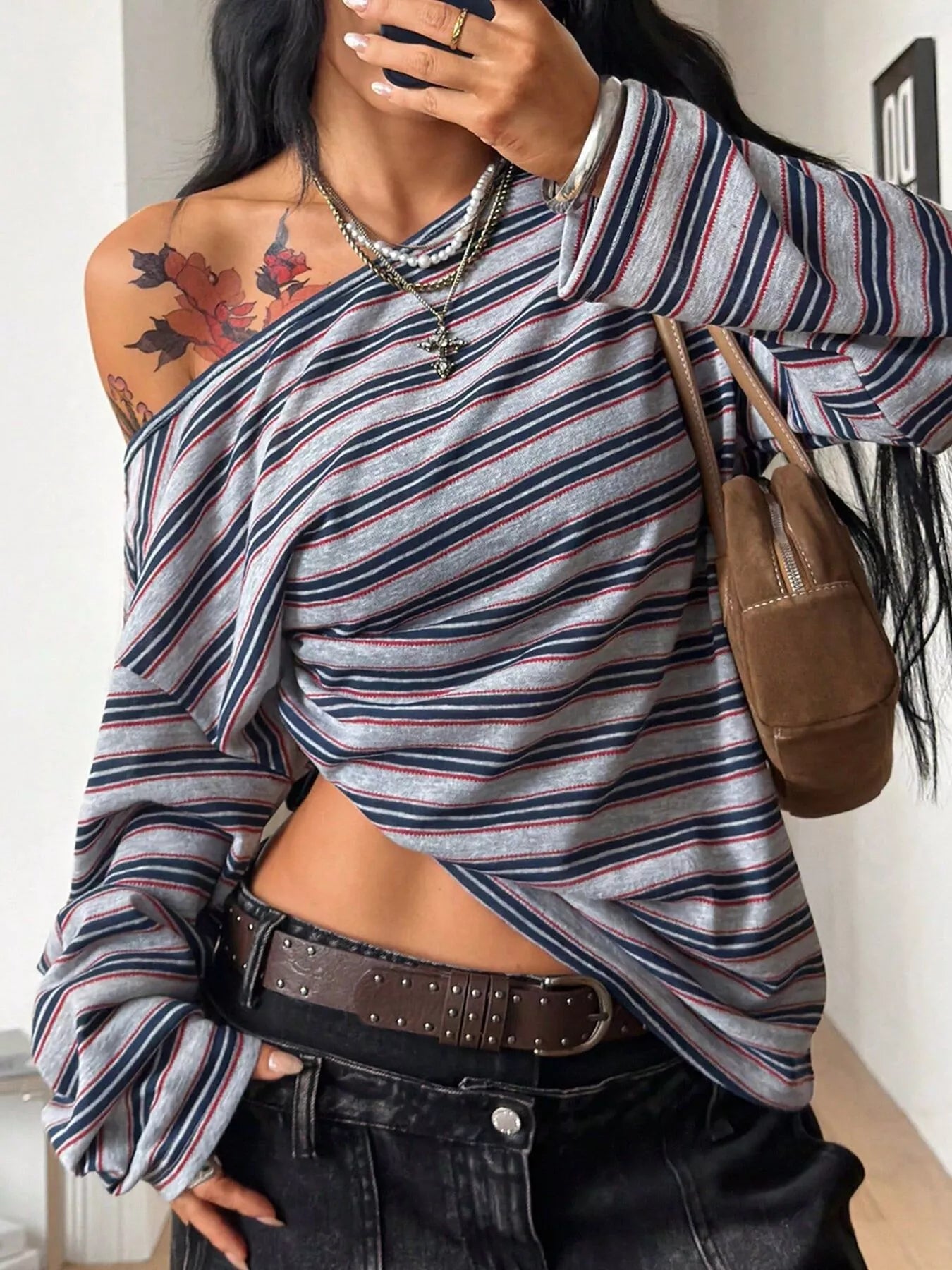 Trendsi Striped Boat Neck Long Sleeve T-Shirt -
