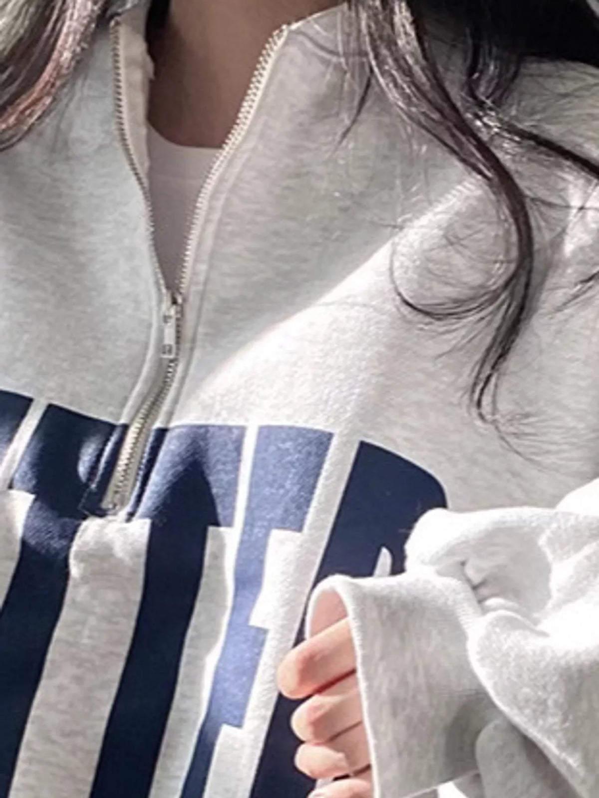 Women's Half-Zip Letter Graphic Sweatshirt in gray — neckline detail view