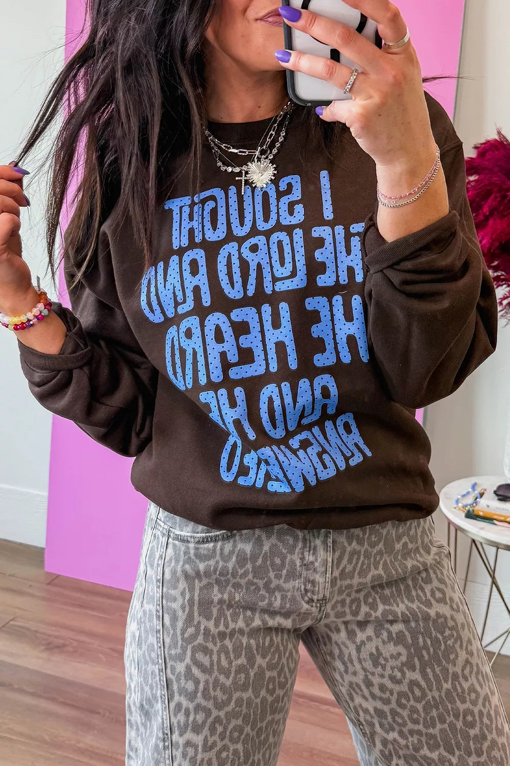 Brown slogan print sweatshirt, front styled view