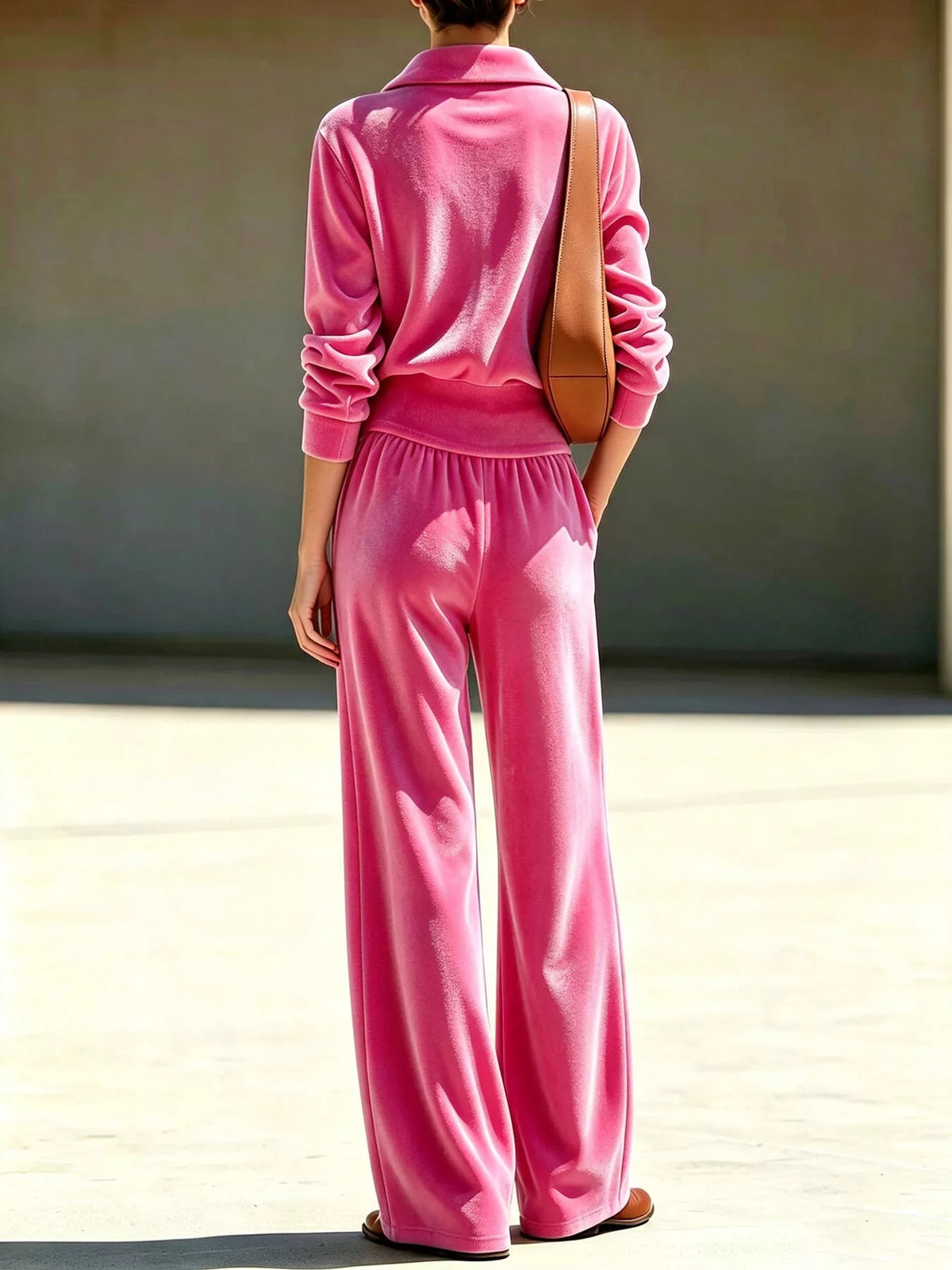 Pink quarter-zip top and wide-leg pants set, back view