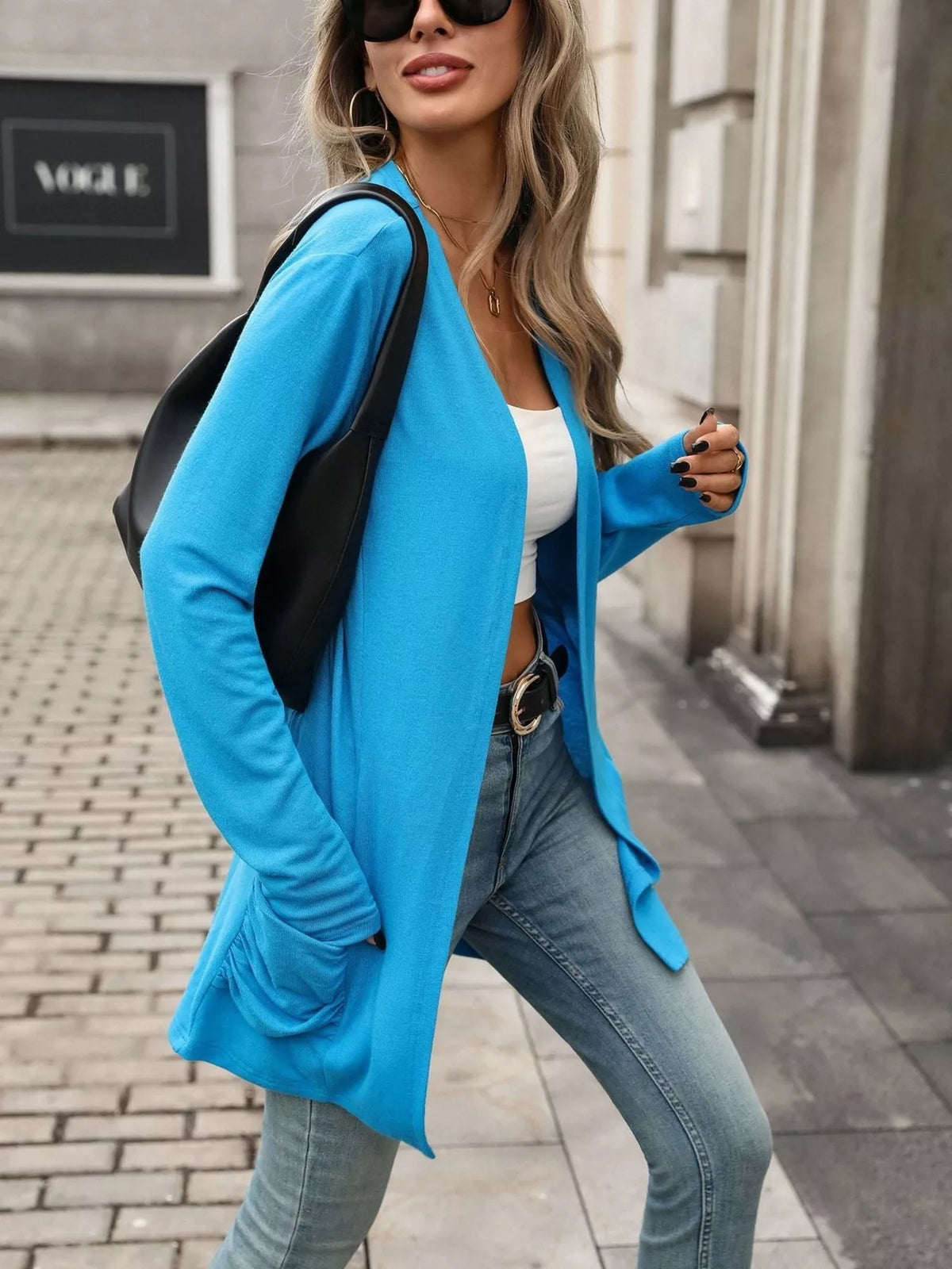 Ruched pocket open-front cardigan