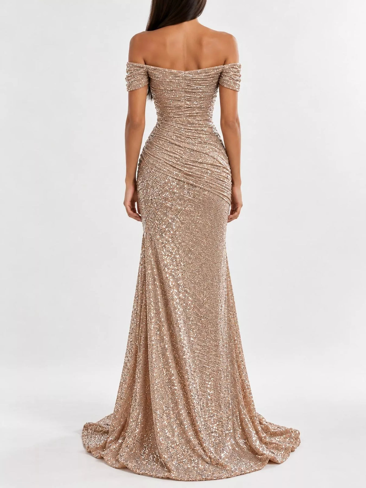 Off-shoulder short sleeve maxi dress, back view