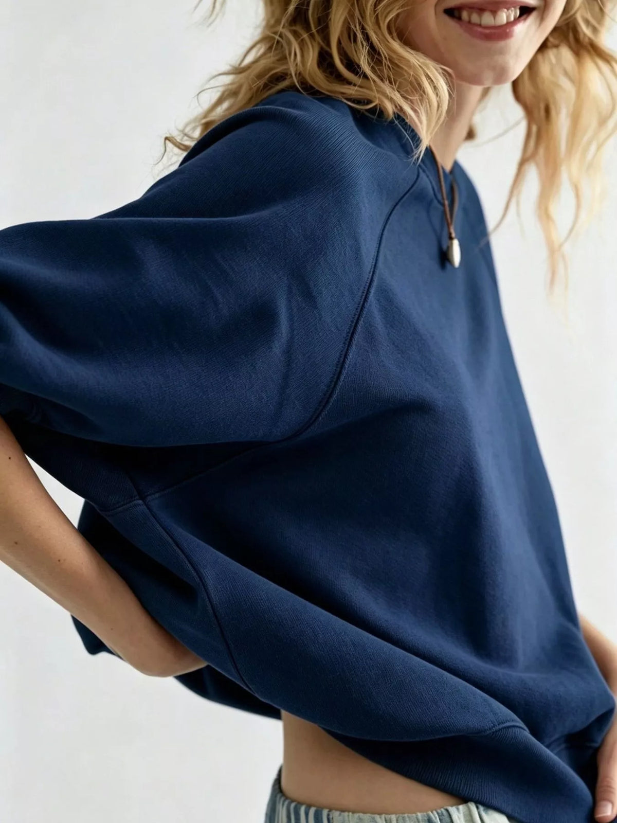 Women's Raglan Short-Sleeve Sweatshirt in navy — sleeve detail view