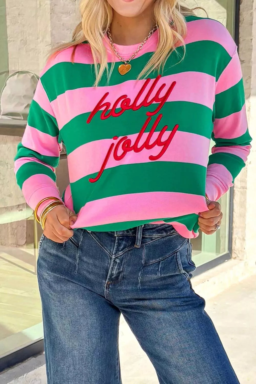 Trendsi Stripe holly jolly Letter Embroidered Pullover Sweatshirt -