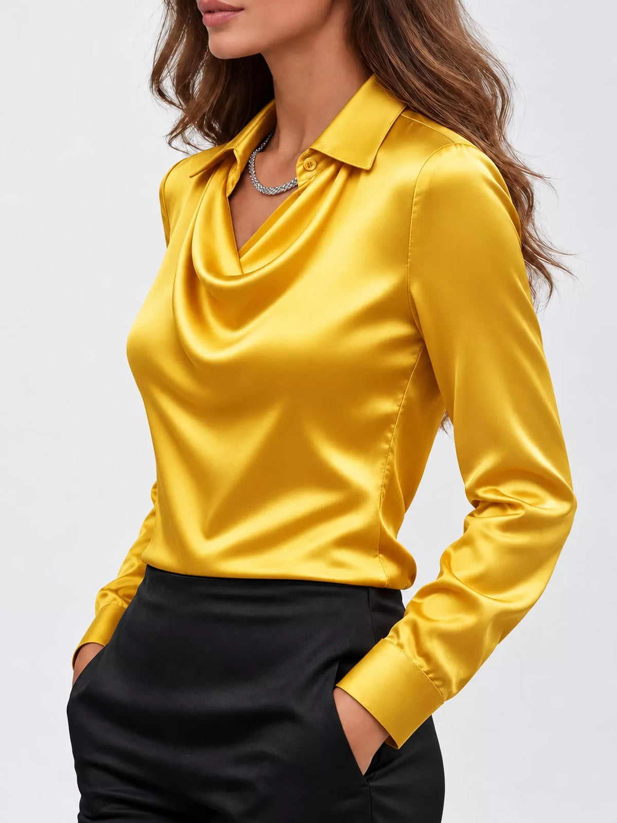 Gold satin cowl neck blouse