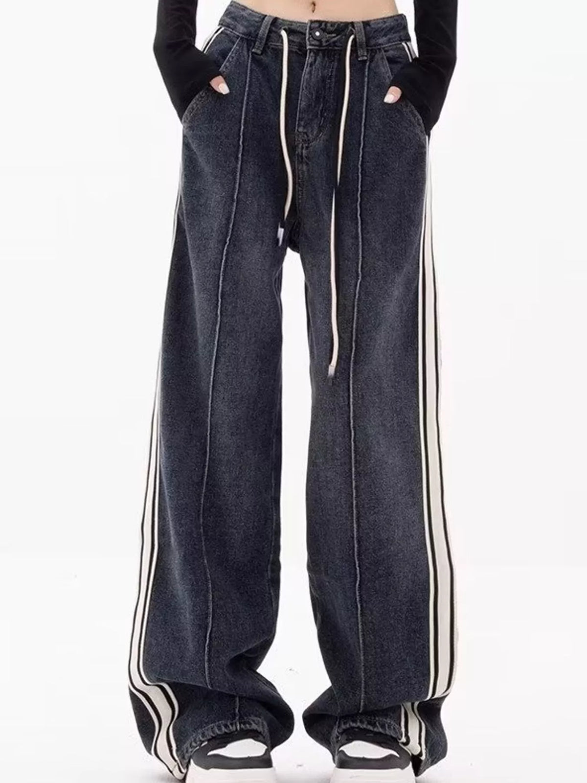 High-Waisted Wide-Leg Contrast Stripe Jeans, front view