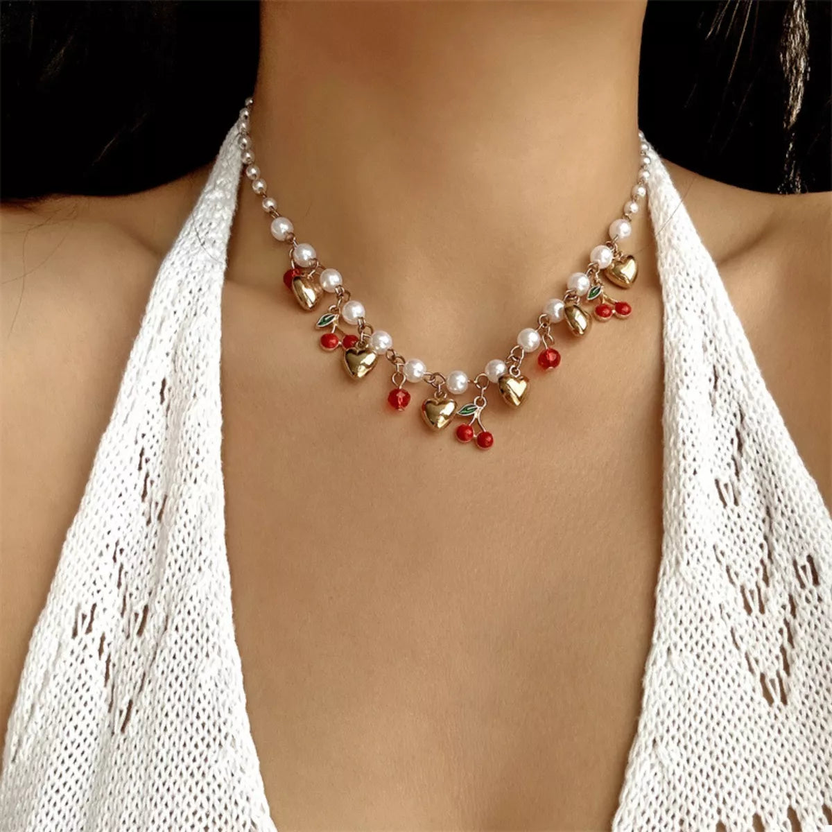 Trendsi 18K Gold-Plated Cherry & Heart Pearl Necklace -