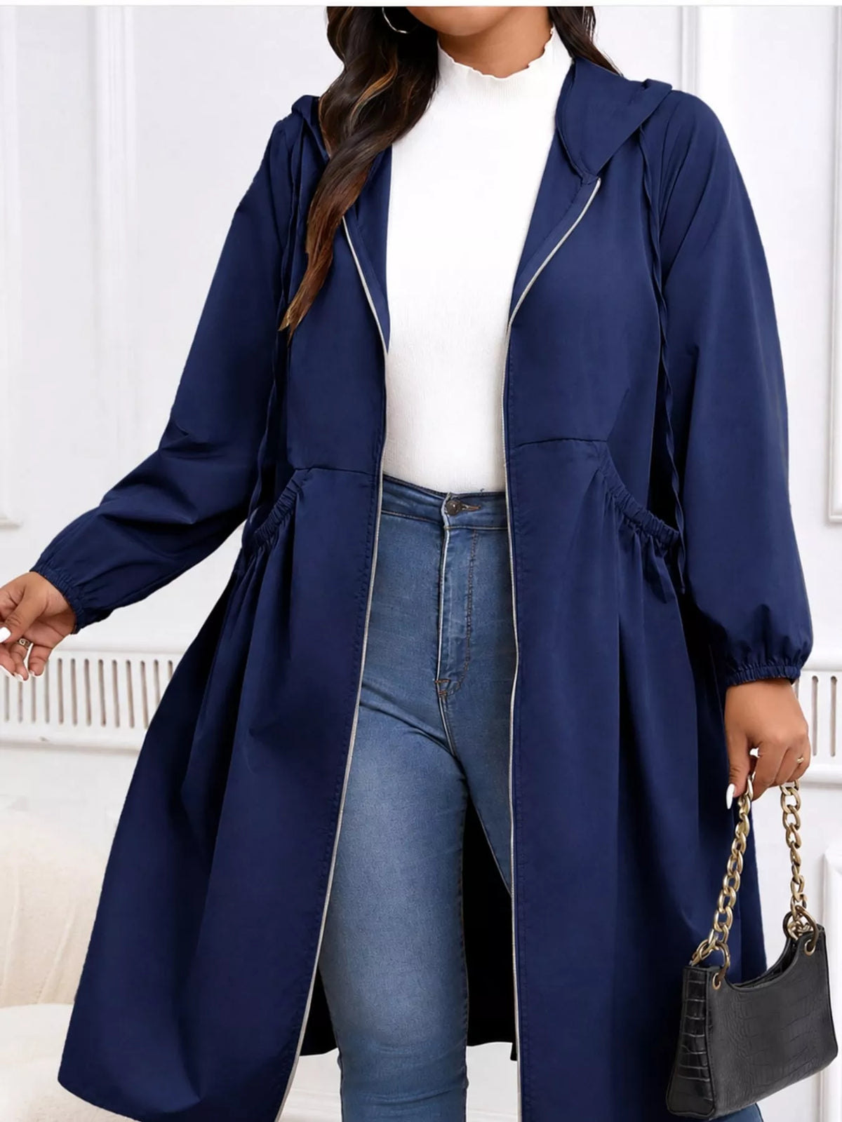 Hooded longline jacket, navy front
