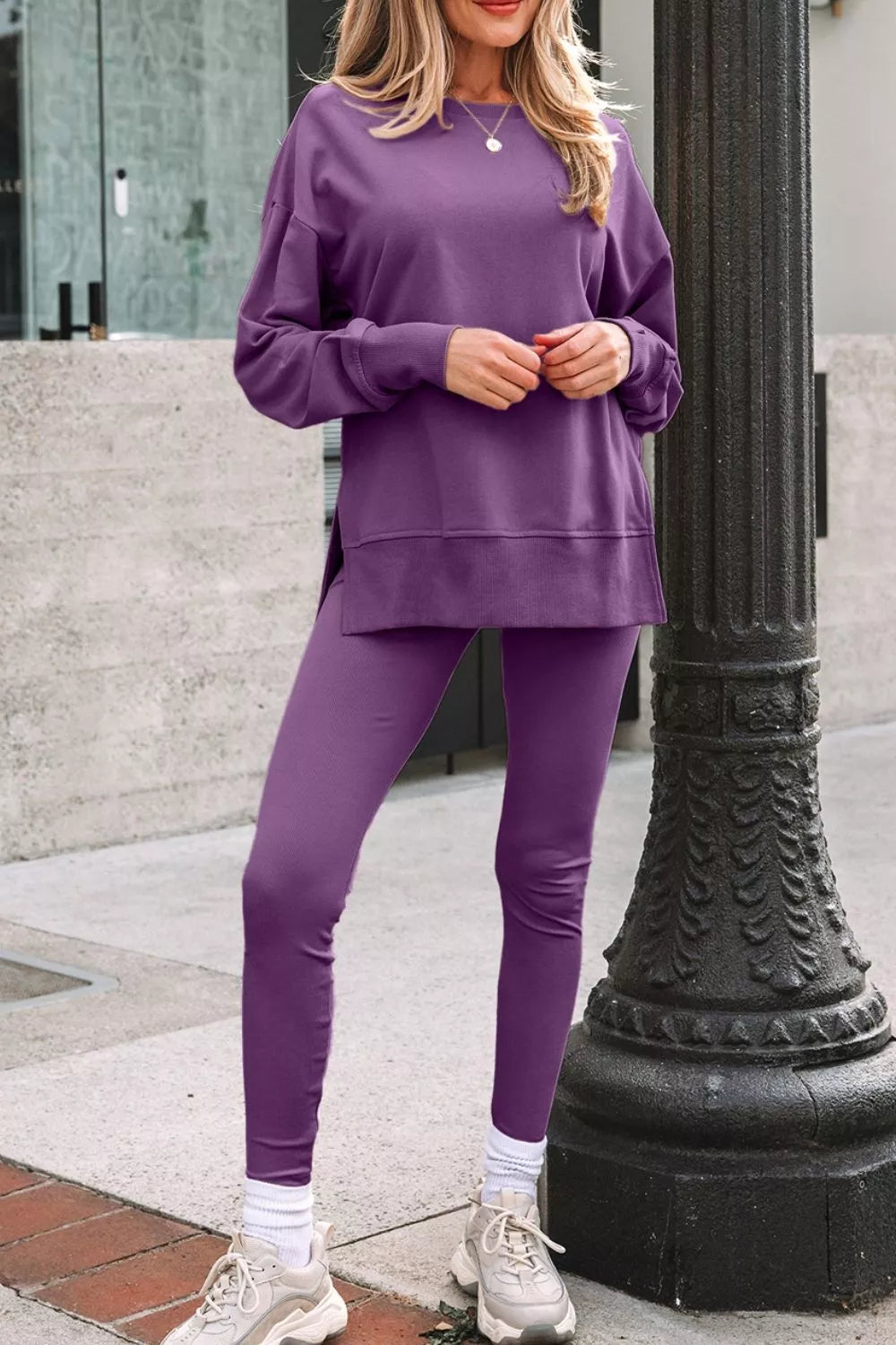 Trendsi Side Slit Long Sleeve Sweatshirt and Pants Set -