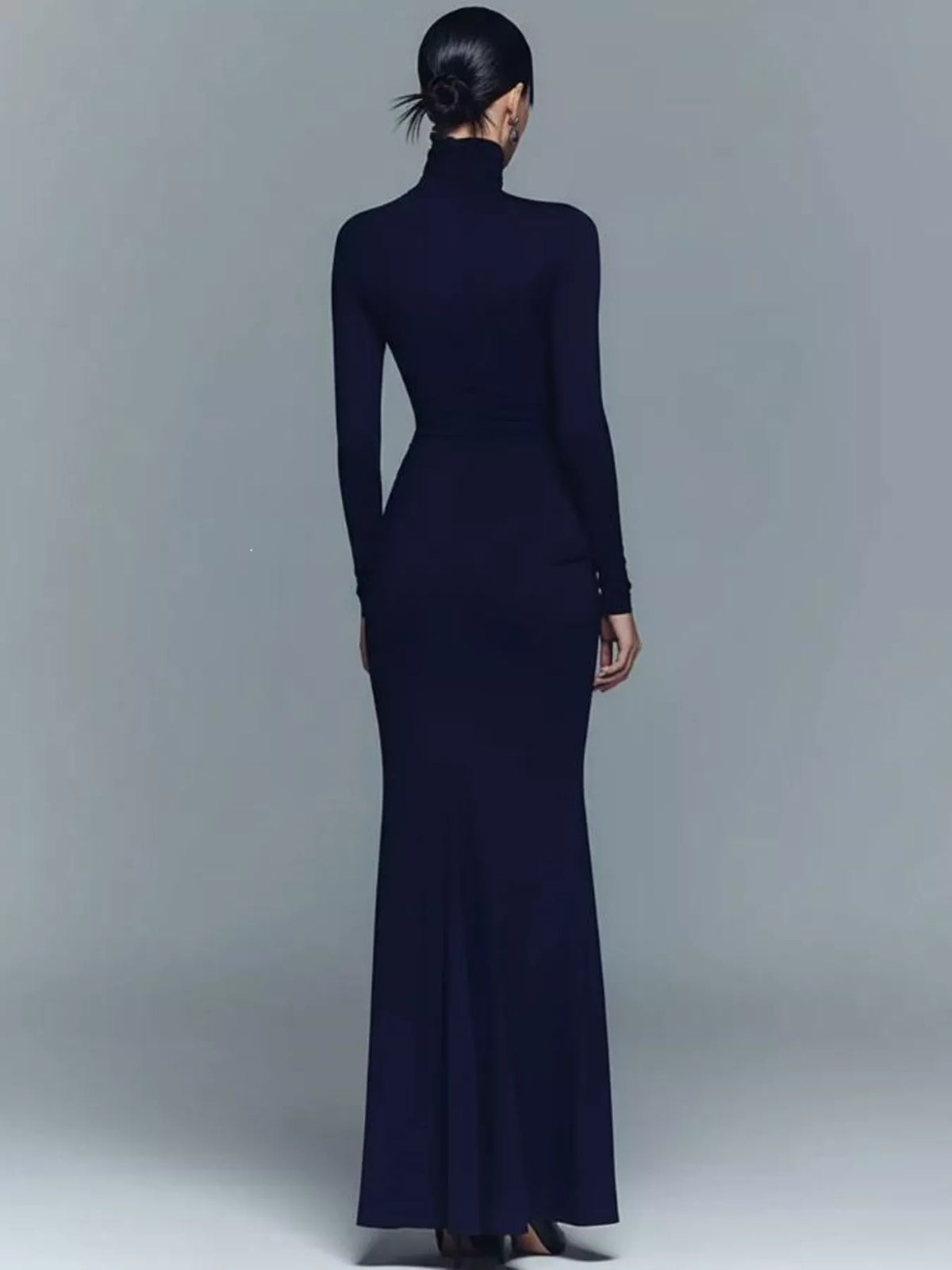 Navy turtleneck ruched maxi dress, back view