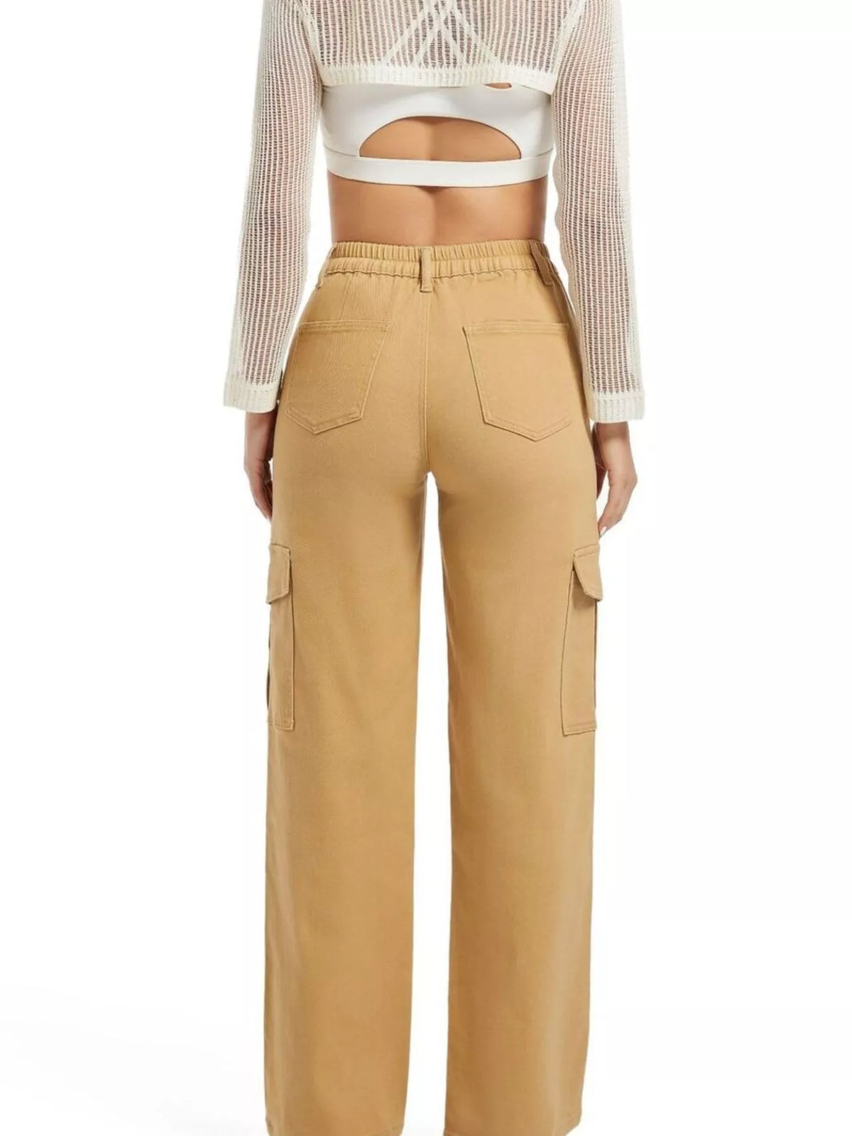 Tan wide-leg cargo jeans, back view