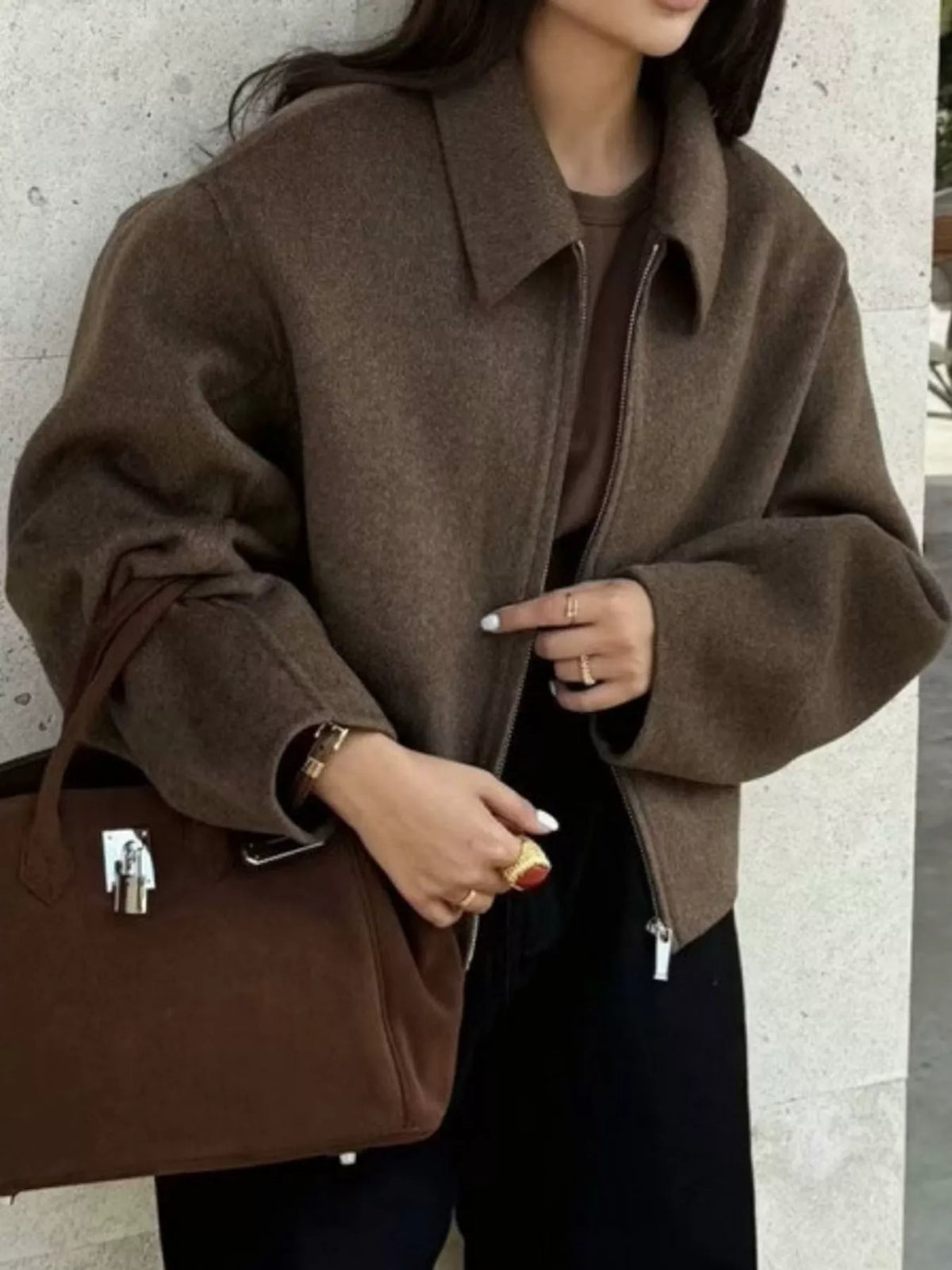 Zip-Up Dropped Shoulder Jacket — front view