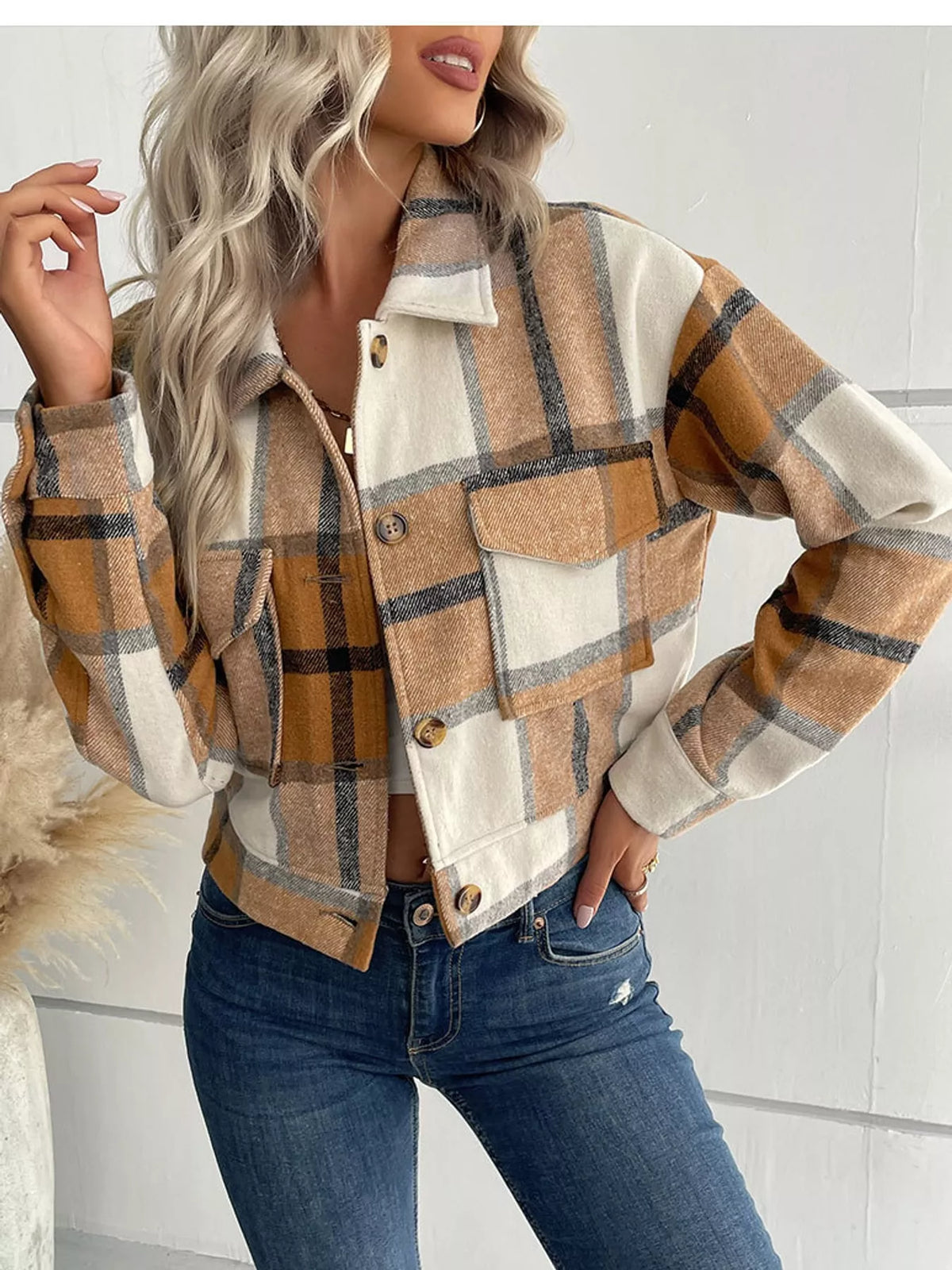 Plaid cropped jacket, tan plaid collar front