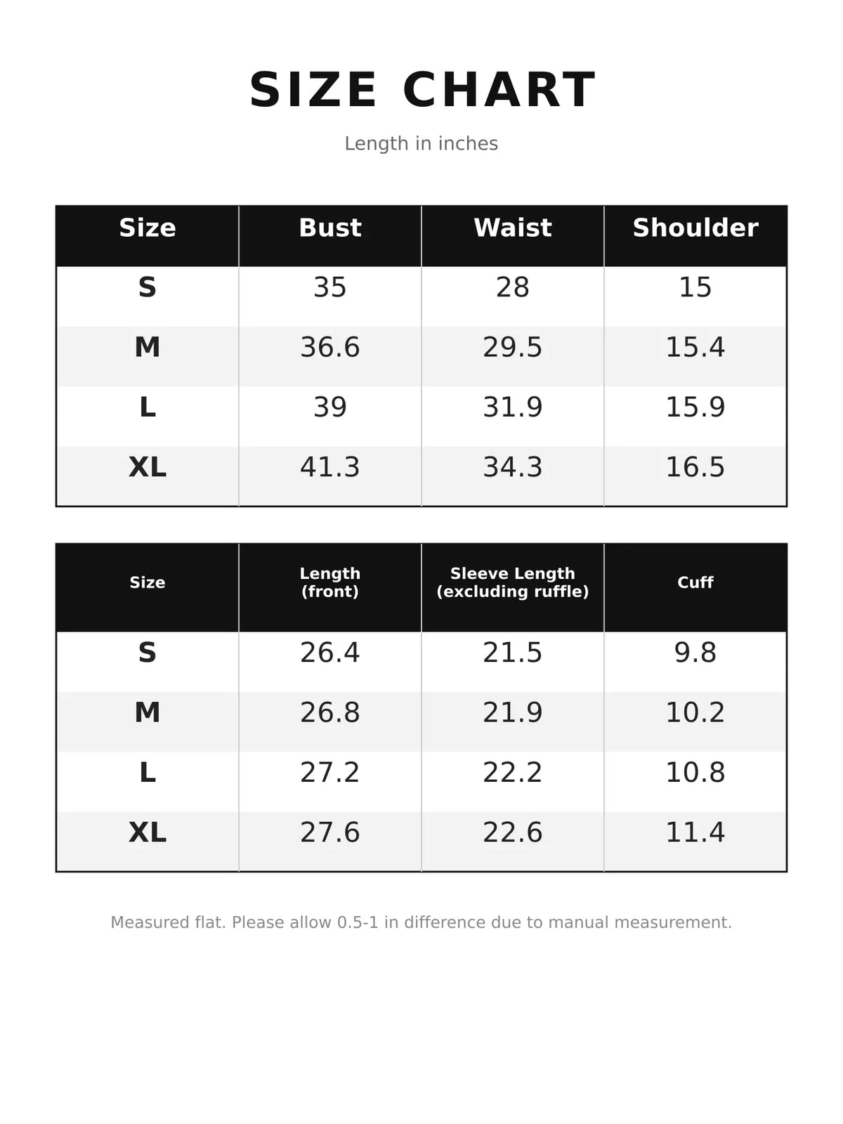 Collared long sleeve jacket, size and measurement chart