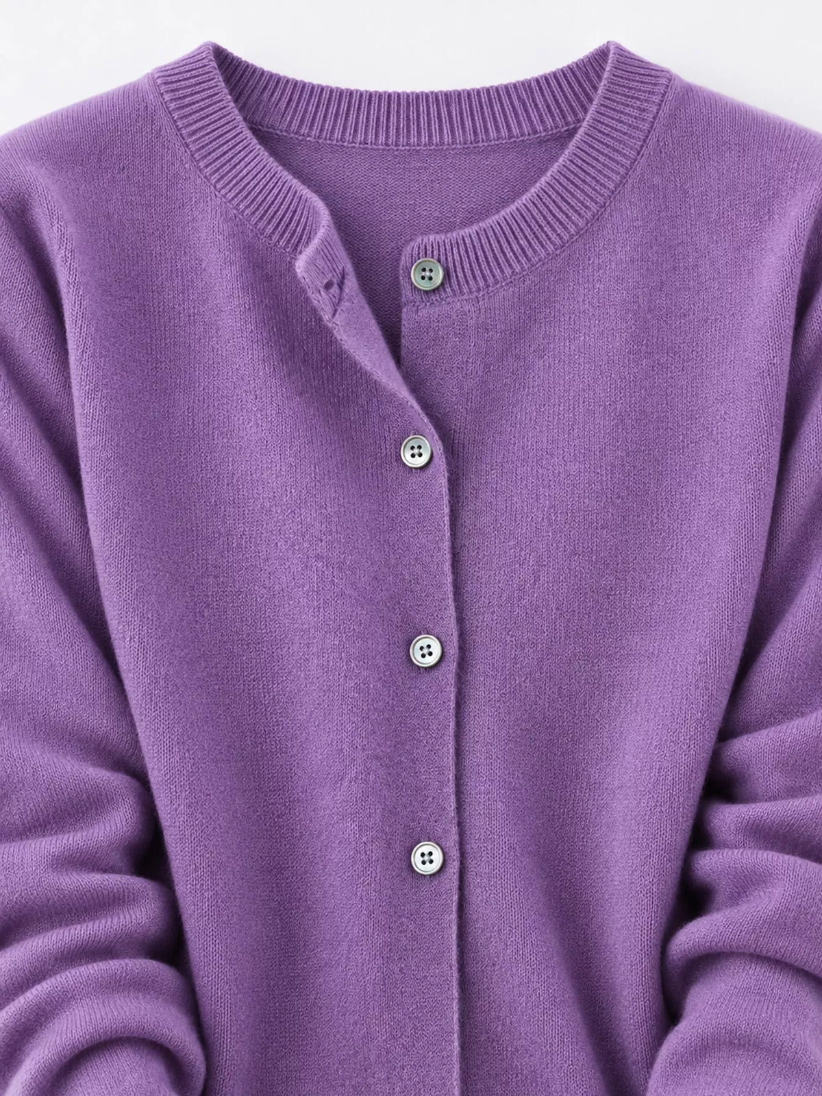 Button-down cardigan, purple button cuff detail