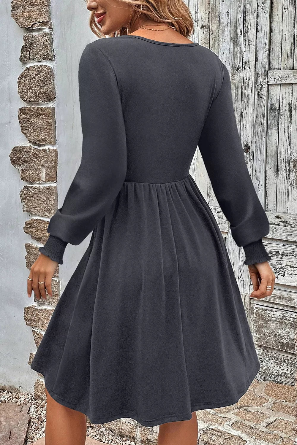 Trendsi Shirred Cuff Long Sleeve Button Round Neck Mini Dress -