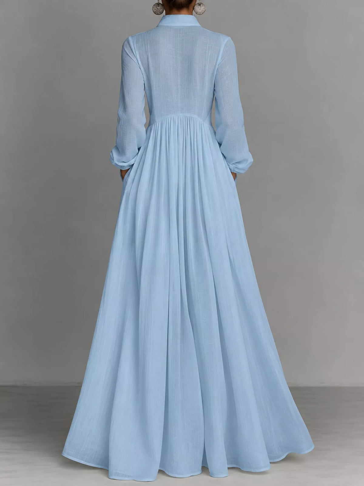 Light blue long sleeve button-front maxi dress, back view