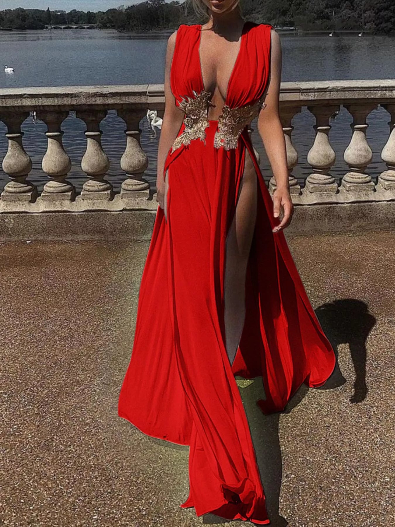 Trendsi Deep V-Neck High Slit Maxi Dress -