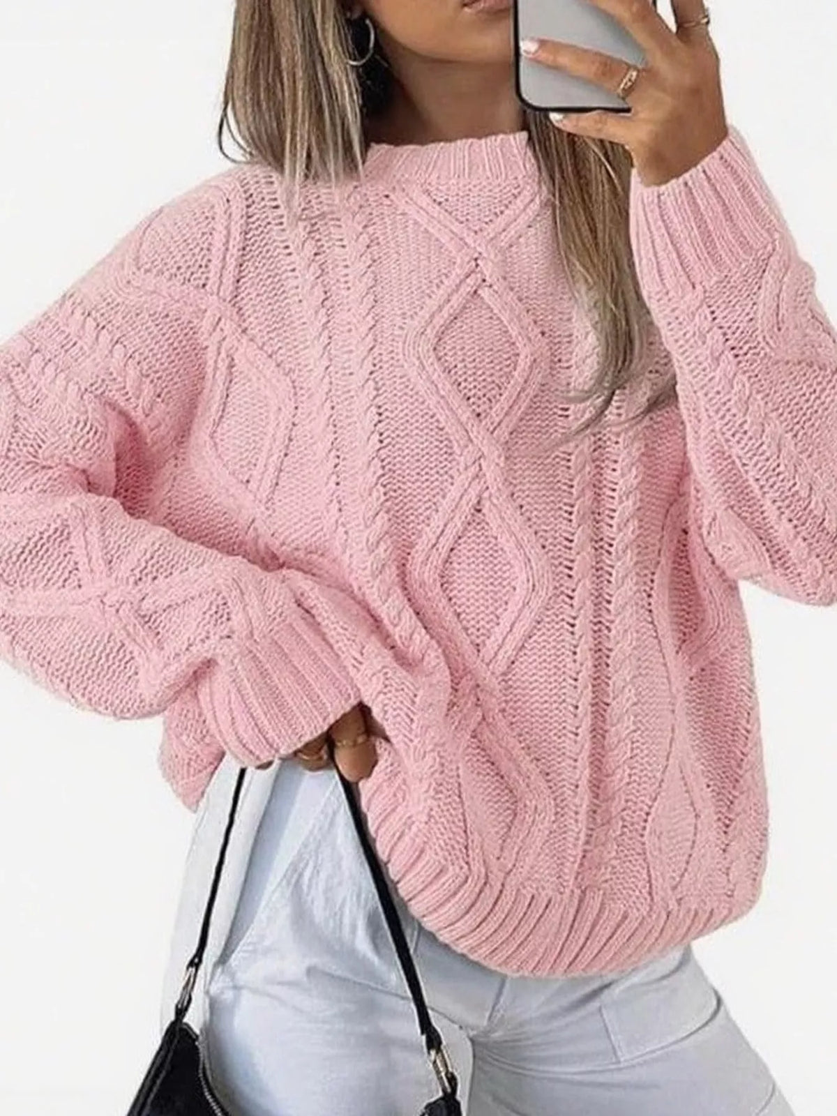 Pink cable-knit round neck sweater