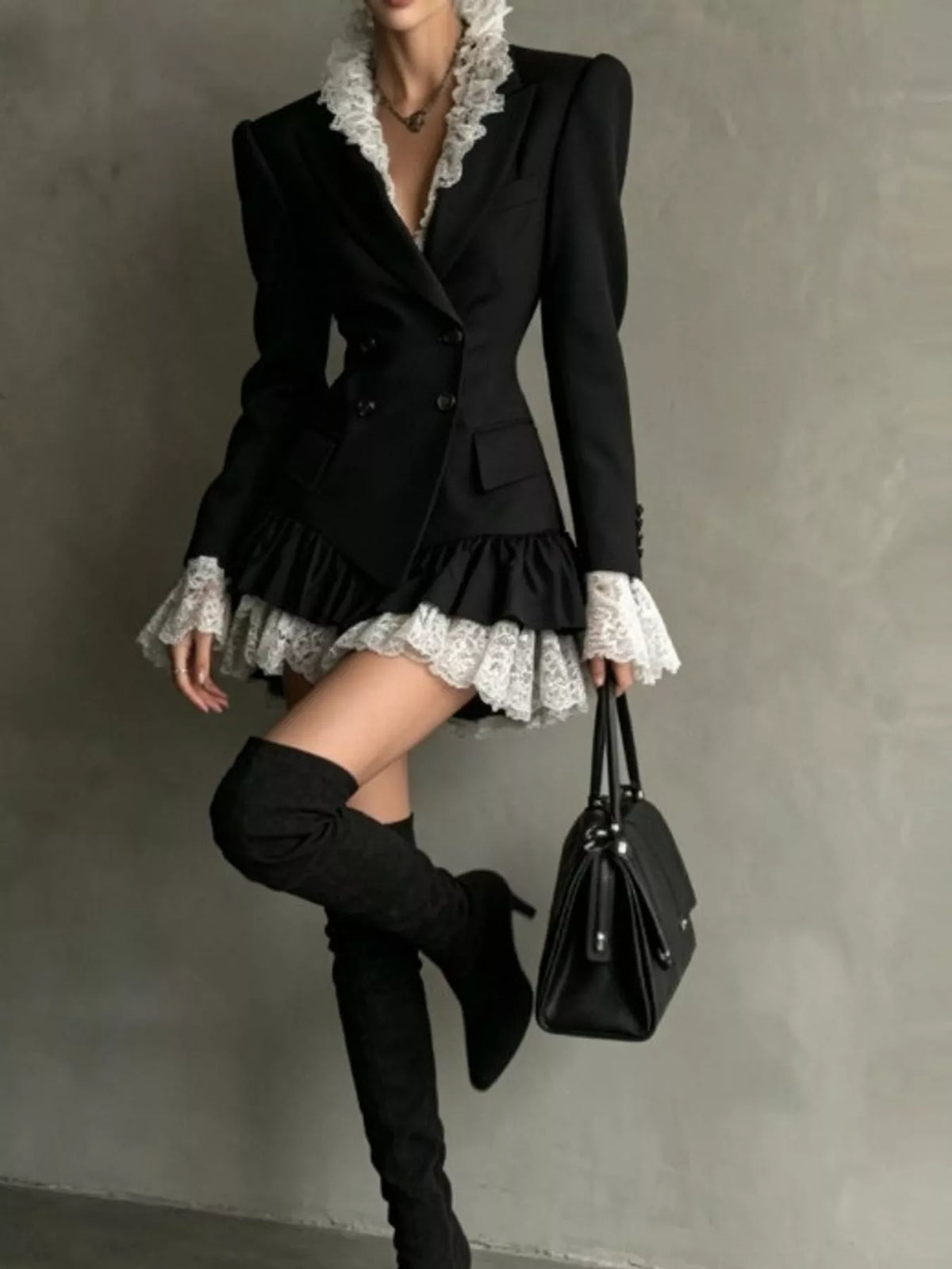 Black lace trim blazer dress, front view