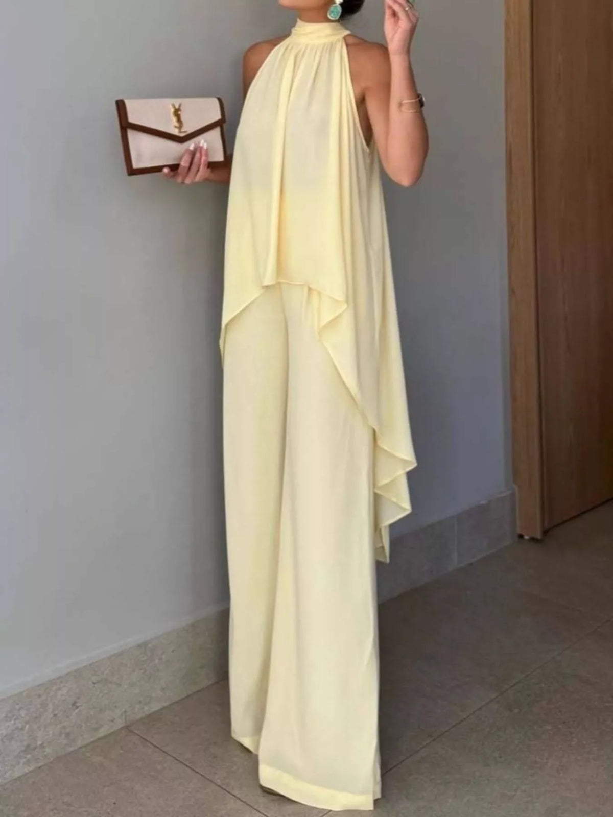 Pale Yellow High-Low Sleeveless Top & Wide-Leg Pants Set side-front view