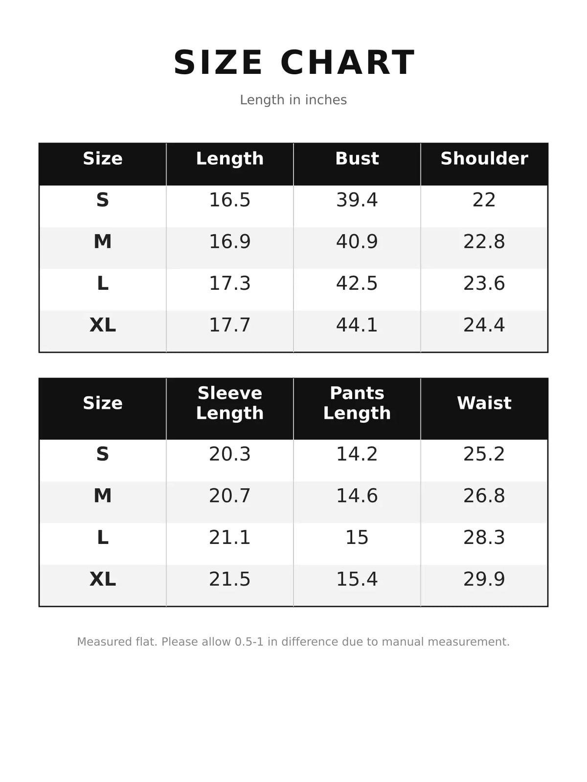 Size chart for eyelet long sleeve top and shorts lounge set