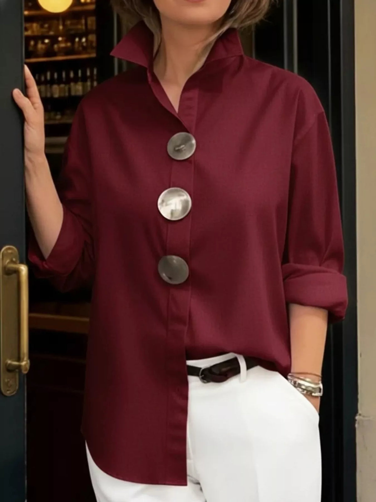 Trendsi Full Size Oversized Metal Button Long Sleeve Shirt Plus Size -