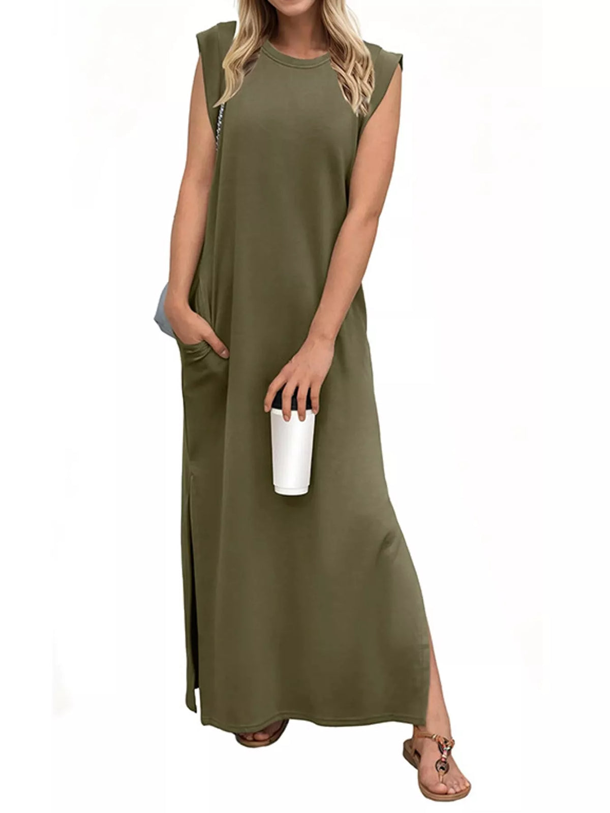 Round neck sleeveless maxi dress, front view on model