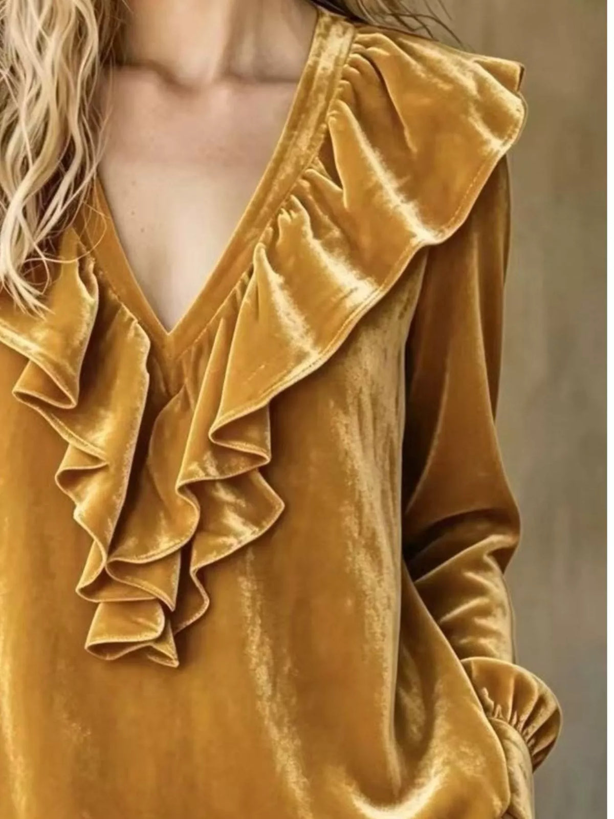 Camel Velvet Ruffled V-Neck Long Sleeve Blouse front bodice view