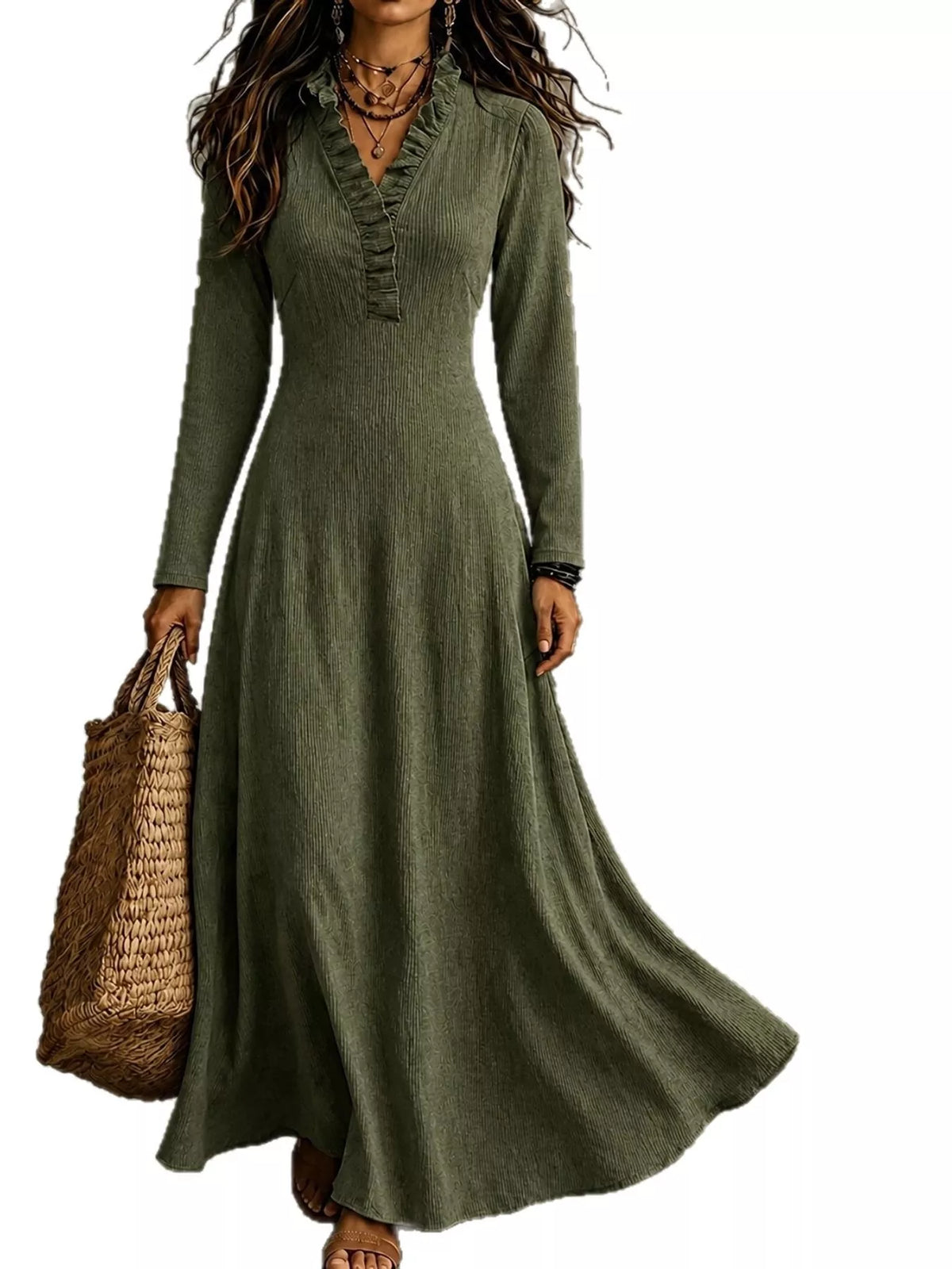 Frill-trim maxi dress, olive front
