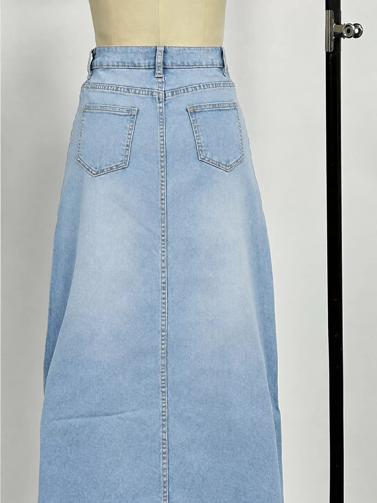 Raw Hem Maxi Denim Skirt — back view