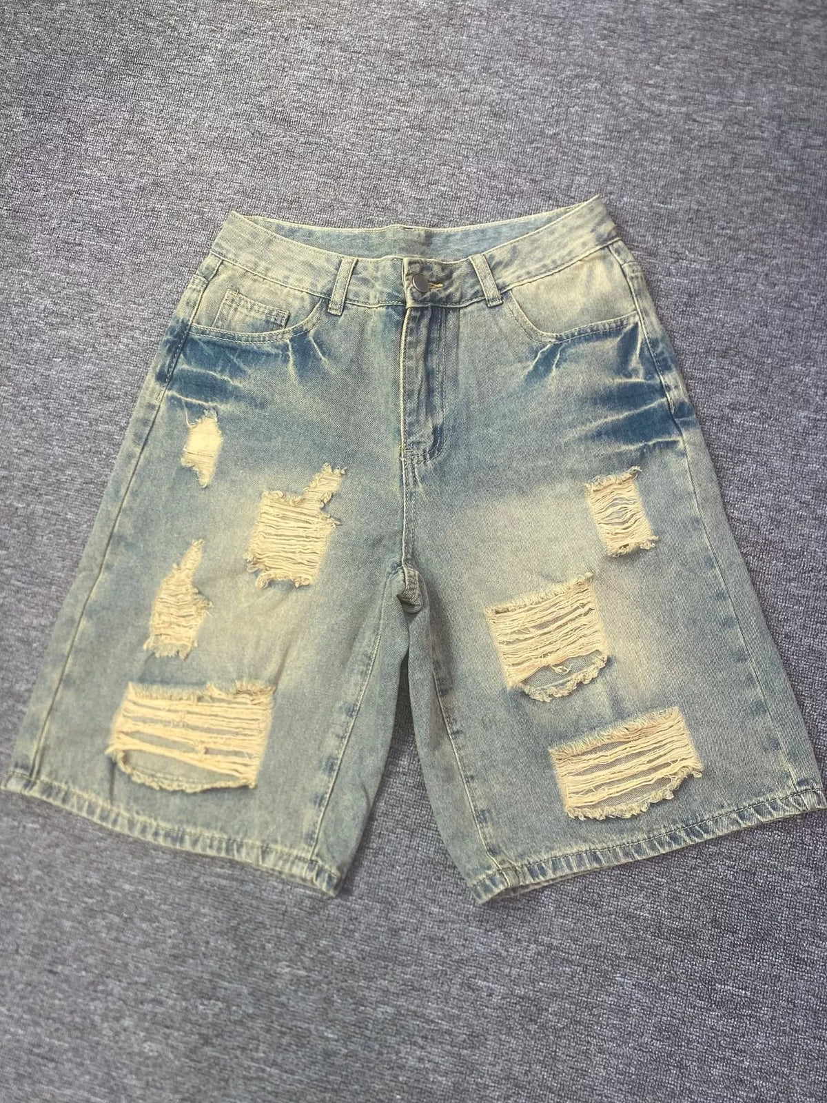 Distressed Loose Fit Denim Shorts in vintage blue