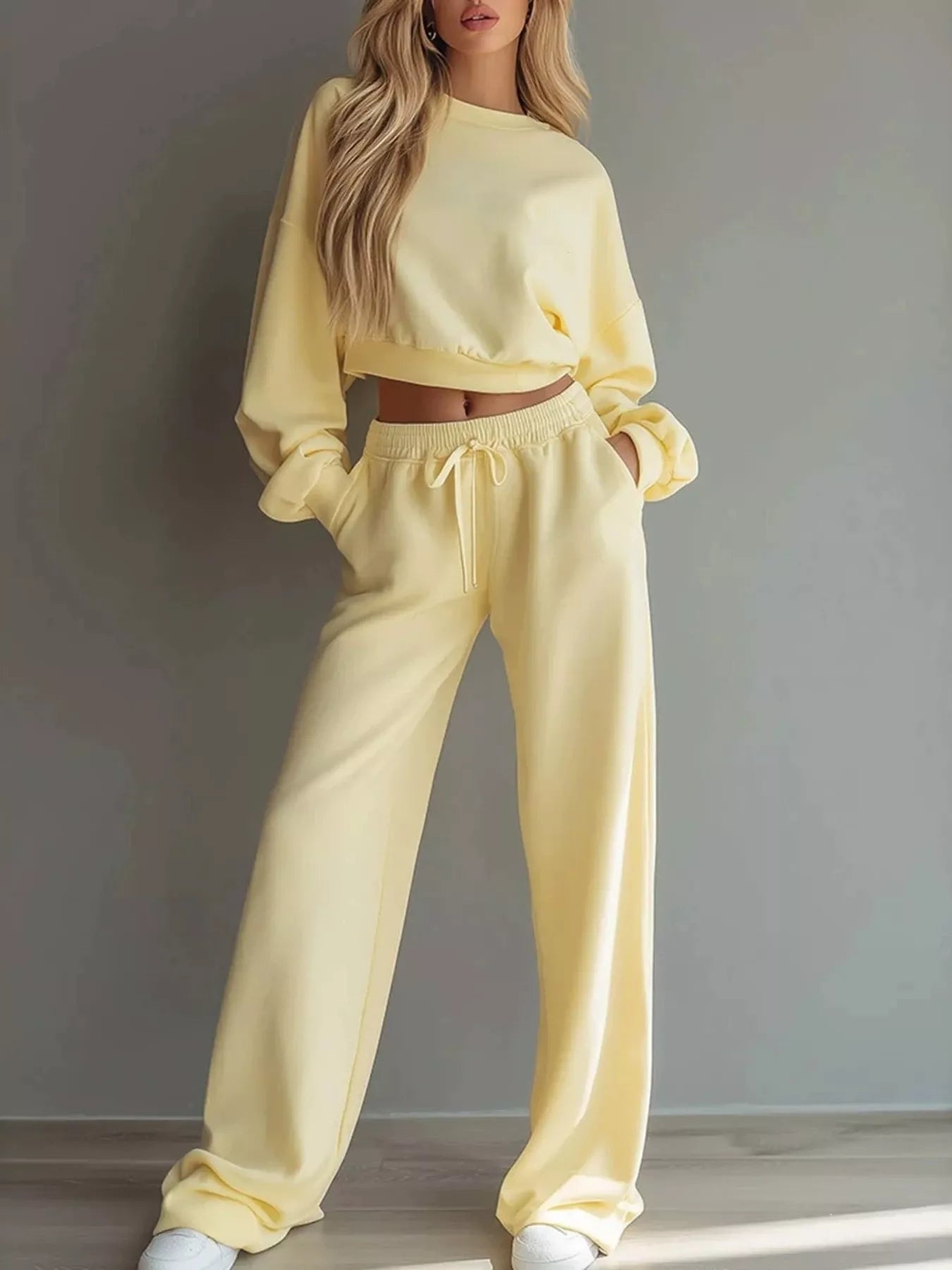 Trendsi Round Neck Cropped Sweatshirt and Wide-Leg Pants Set -