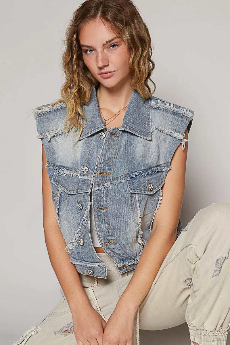 Women's Distressed Denim Vest With Asymmetrical Button Front — product view 4