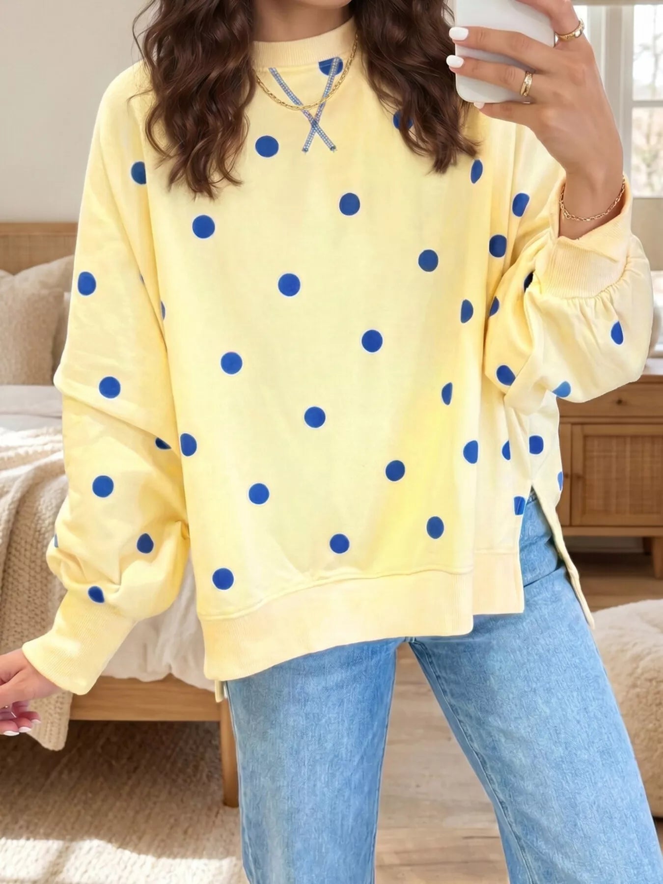 Trendsi Side Slit Polka Dot Oversized Sweatshirt -