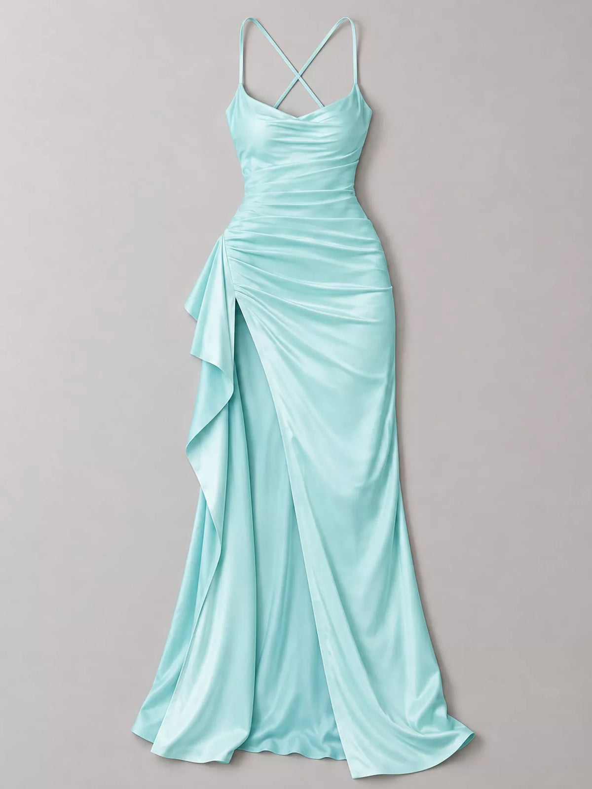 Turquoise satin ruched high slit maxi dress, front view