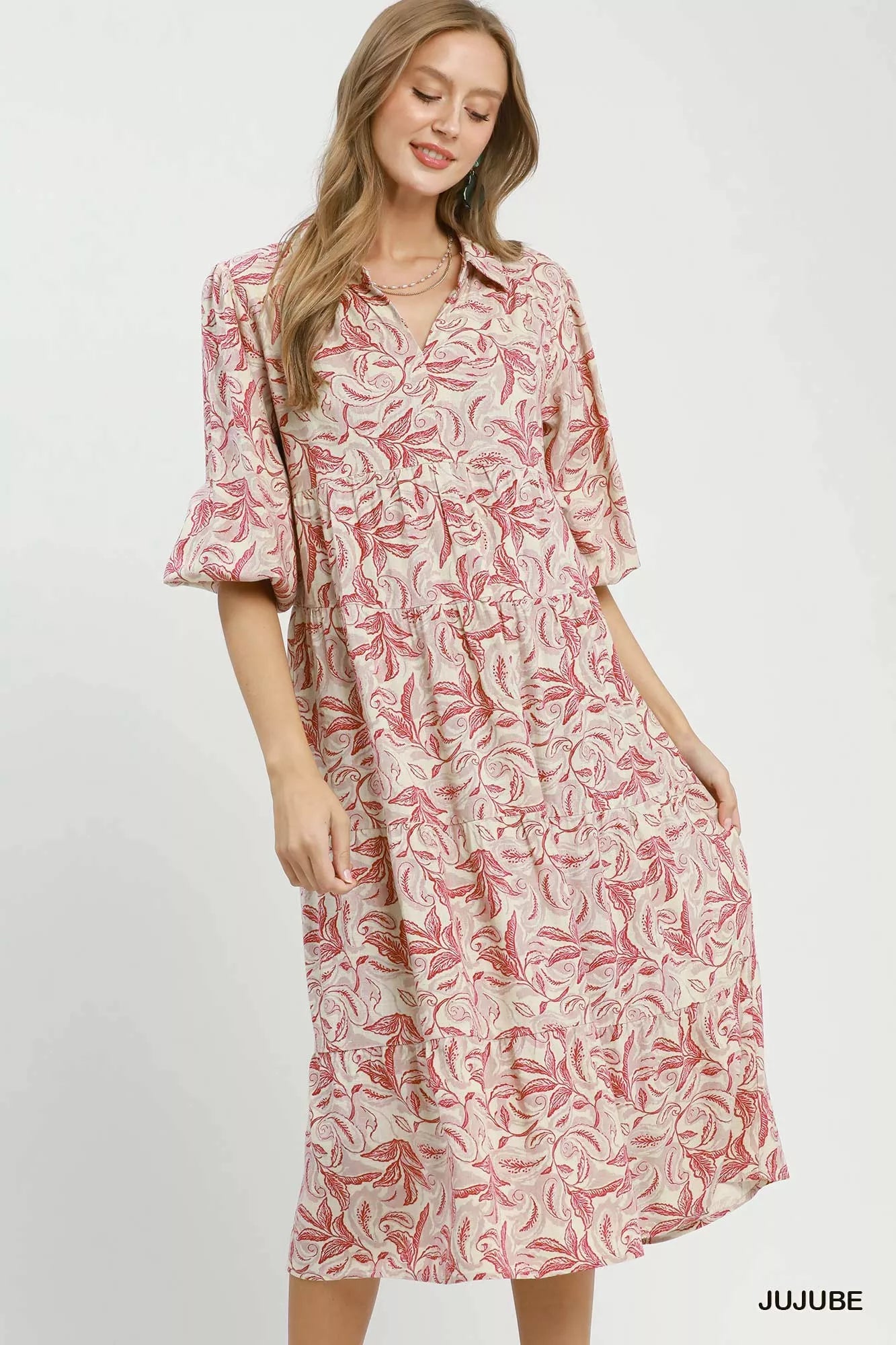 Trendsi Umgee Linen Botanical Print Tiered Midi Dress -