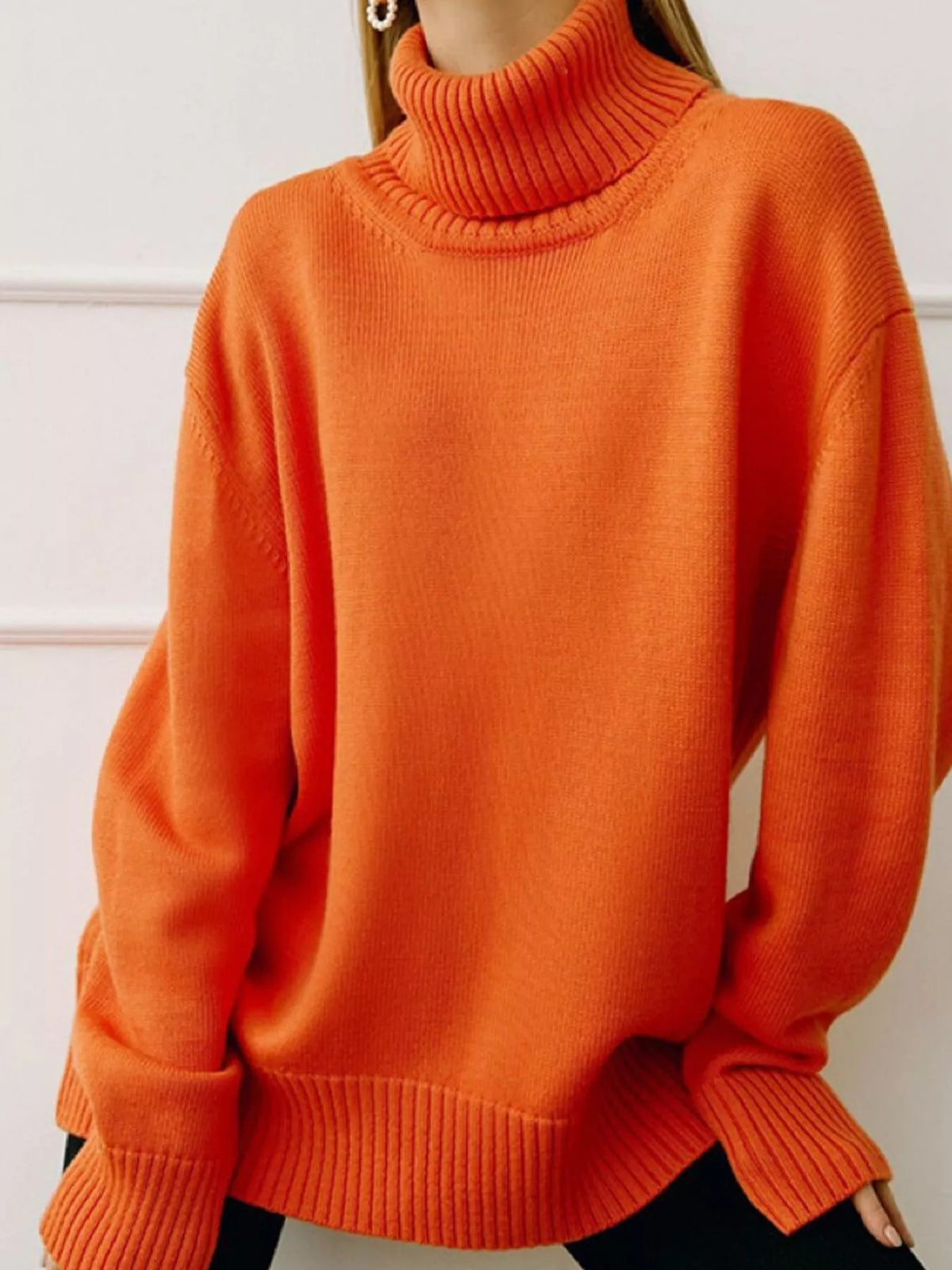Oversized Turtleneck Drop Shoulder Sweater — front view