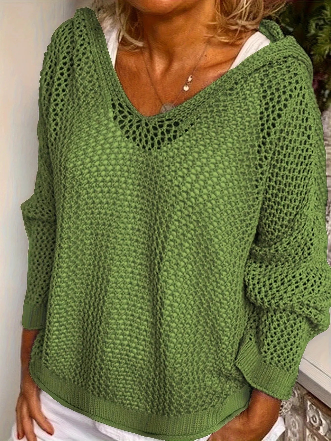 Trendsi Openwork Long Sleeve Hooded Knit Cover Up -