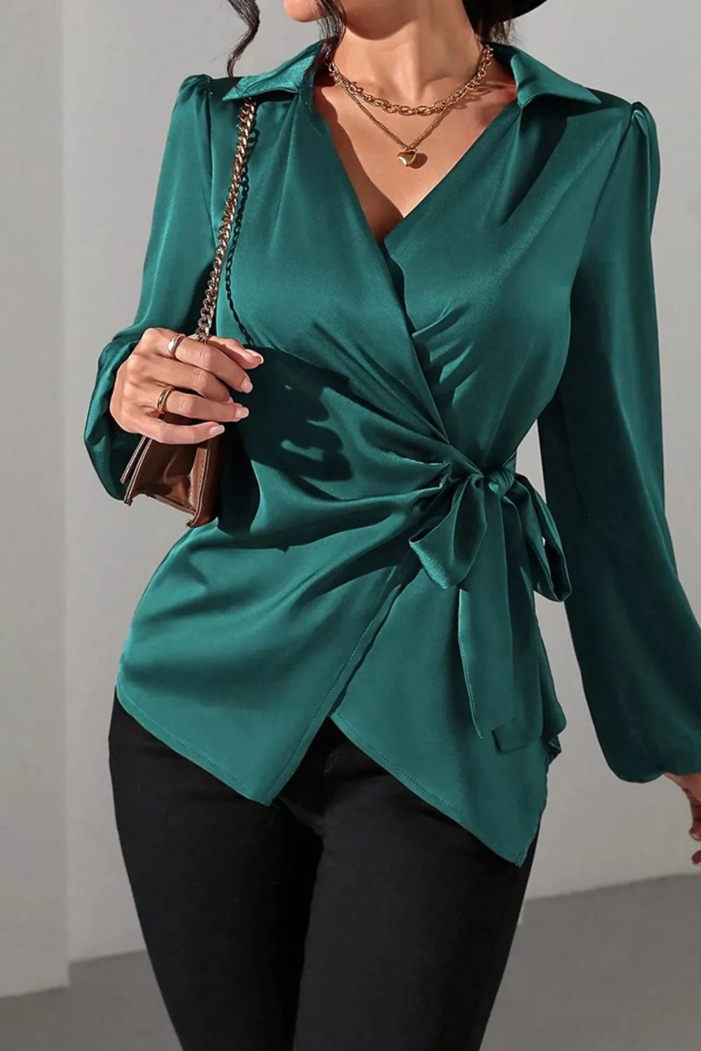 Trendsi Satin Tied Detail Long Sleeve Blouse -