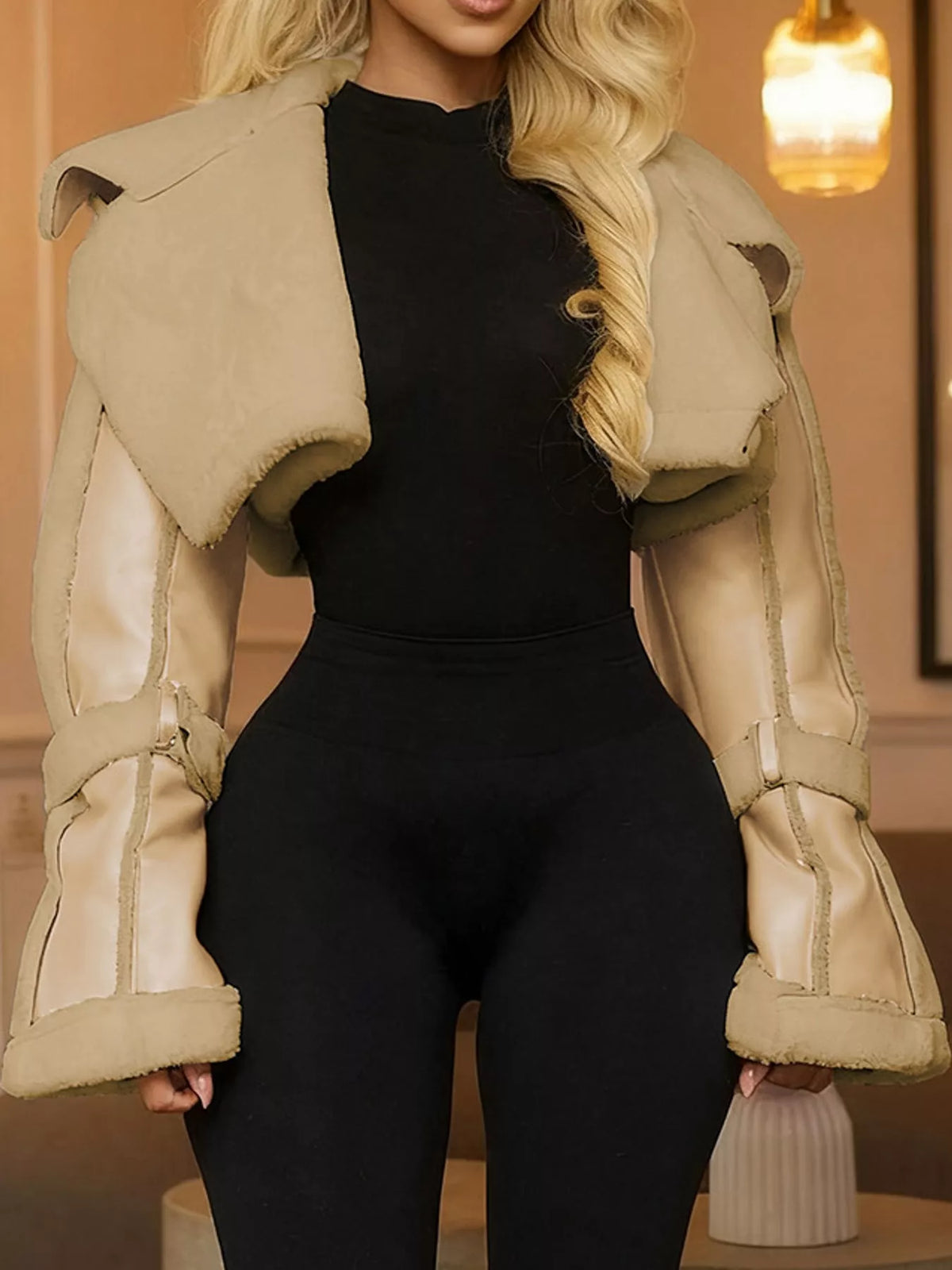 Khaki faux leather plush cropped jacket