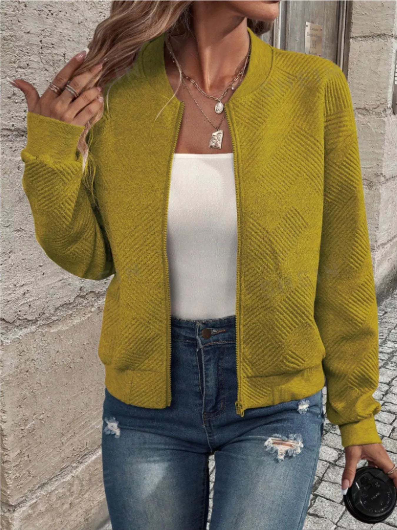 Trendsi Textured Knit Zip-Up Bomber Jacket -
