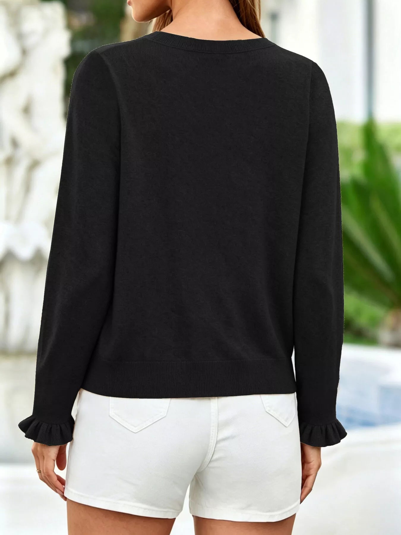 Trendsi Ruffle-Trimmed Button-Down Knit Cardigan -
