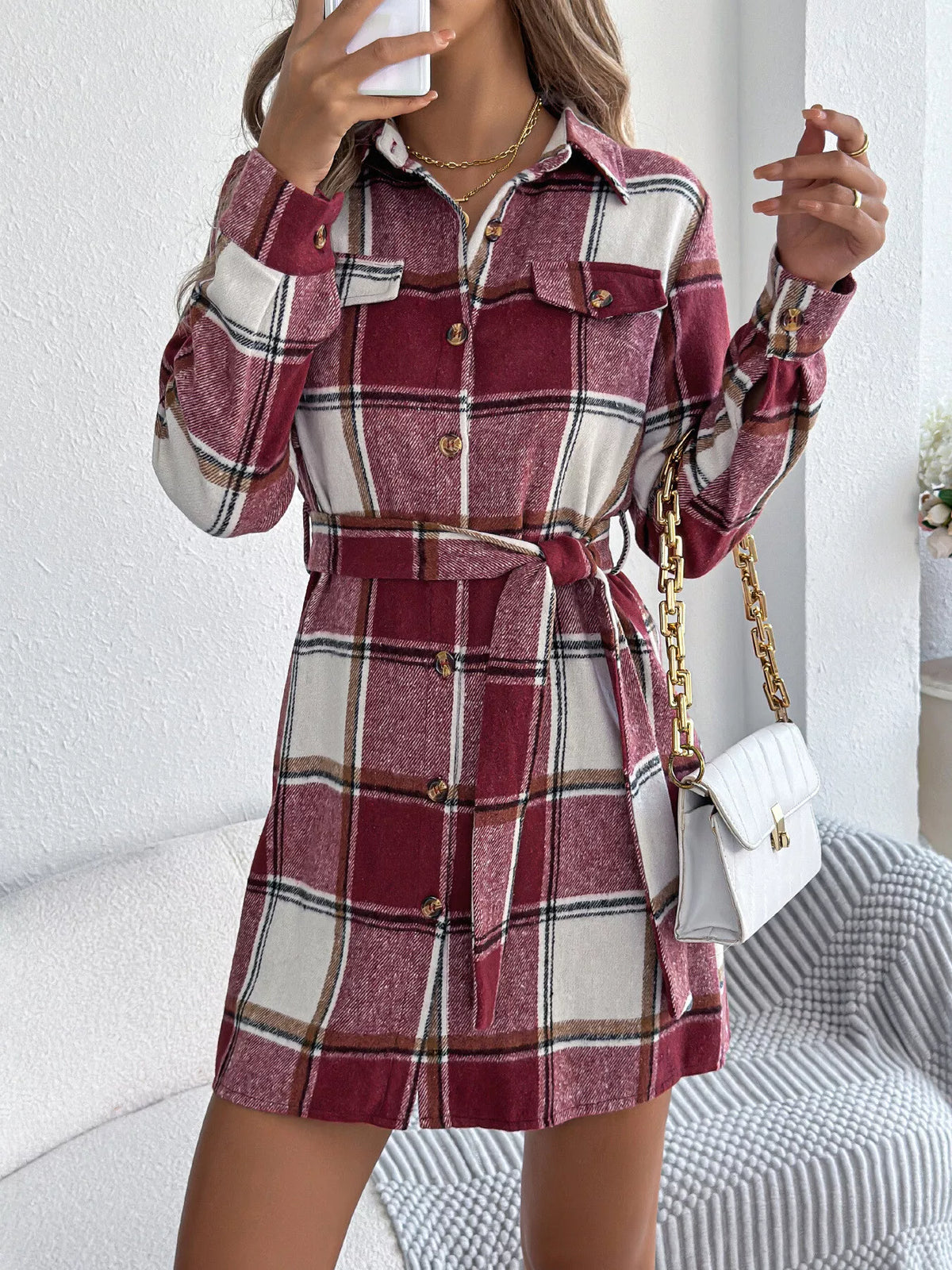 Red plaid button-front belted shirt dress
